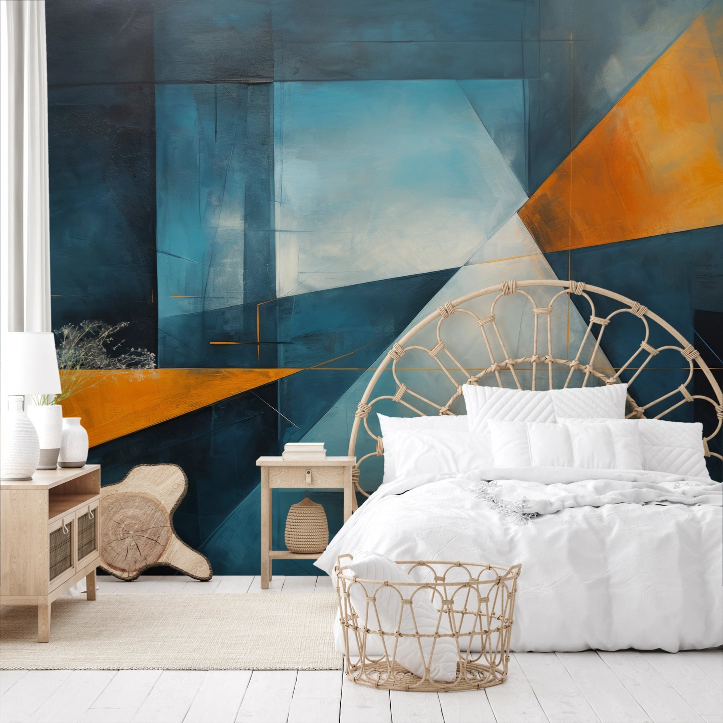 Wzór fototapety malowanej o nazwie Geometric Sunrise #3 pokazanej w aranżacji wnętrza.