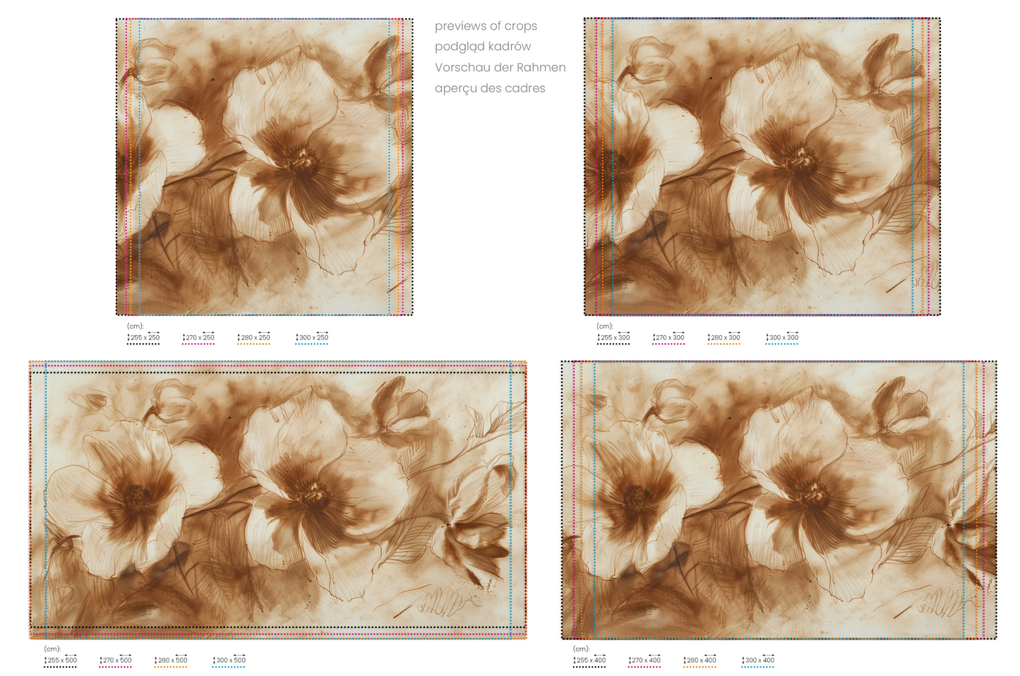 Na obrazie znajduje się prezentacja przykładowych rozmiarów fototapety o nazwie Sepia Flora. Rozmiar fototapety jest dowolny.
