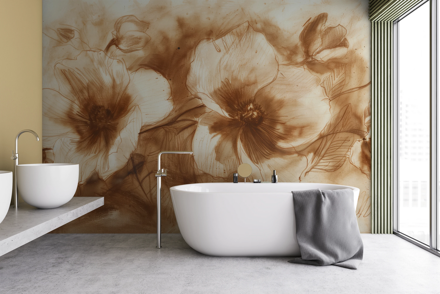 Wzór fototapety o nazwie Sepia Flora pokazanej w kontekście pomieszczenia.