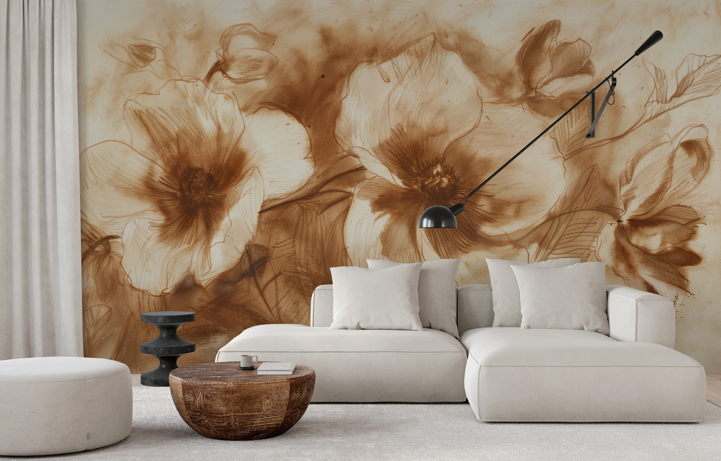 Fototapeta artystyczna o nazwie Sepia Flora pokazana w aranżacji wnętrza.