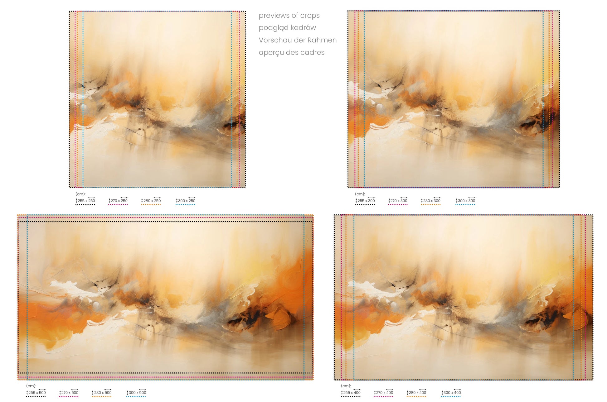 Na obrazie znajduje się prezentacja przykładowych rozmiarów fototapety o nazwie Organic Abstraction. Rozmiar fototapety jest dowolny.