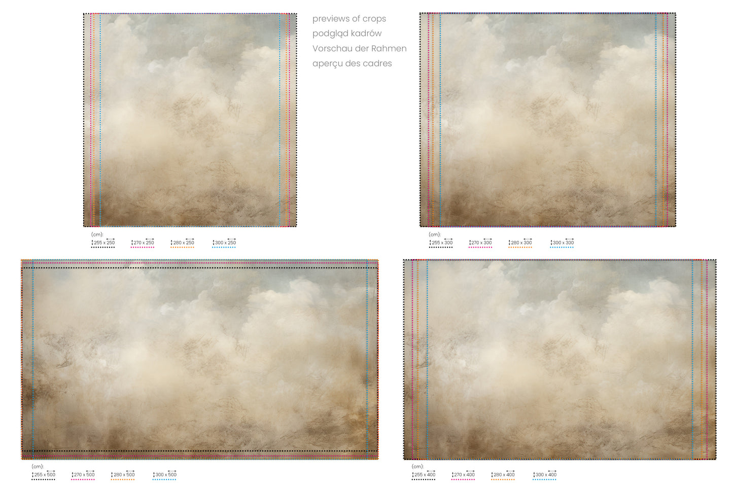 Na obrazie znajduje się prezentacja przykładowych rozmiarów fototapety o nazwie CELESTIAL WHISPERS CANVAS. Rozmiar fototapety jest dowolny.