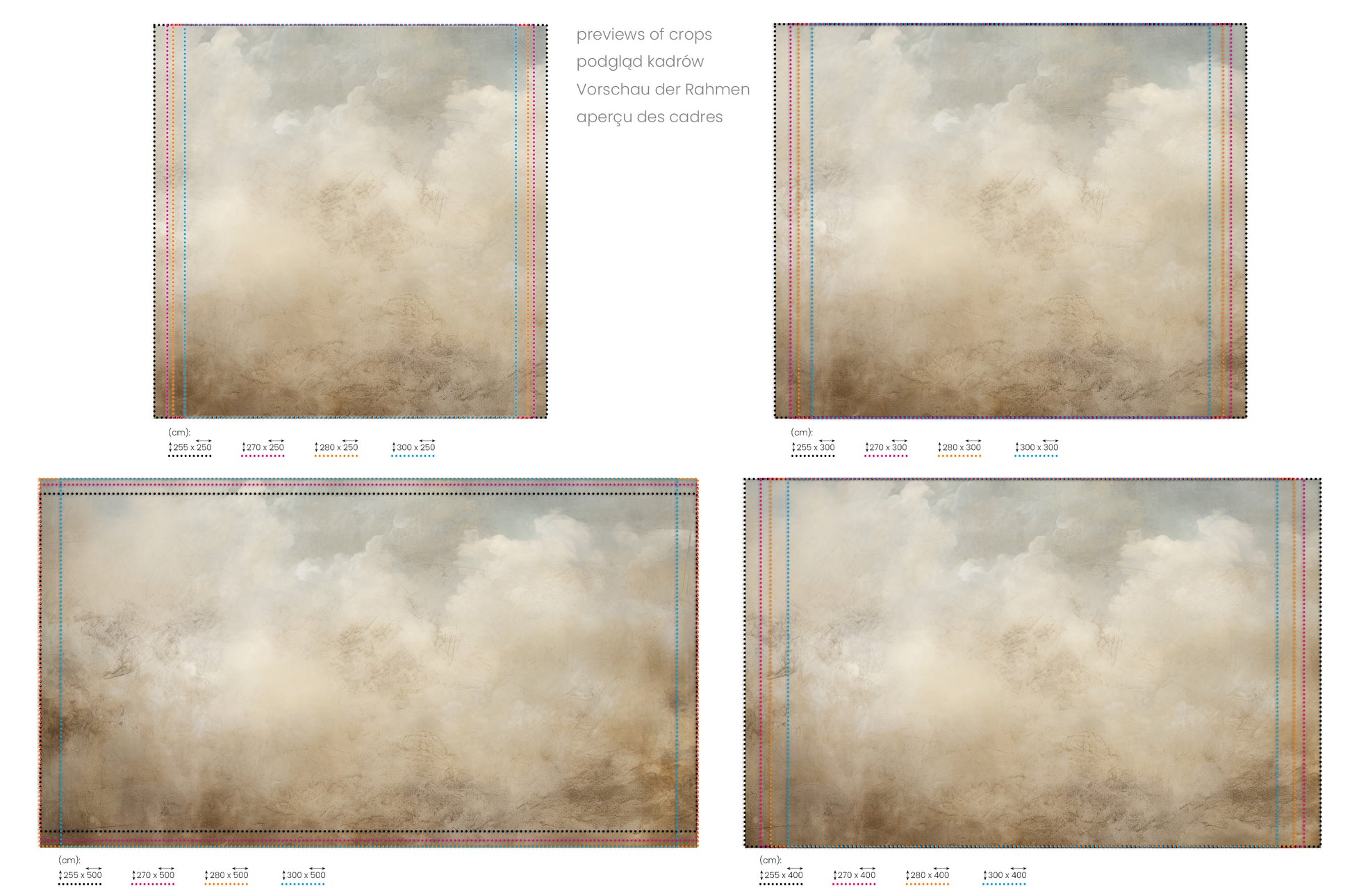 Na obrazie znajduje się prezentacja przykładowych rozmiarów fototapety o nazwie CELESTIAL WHISPERS CANVAS. Rozmiar fototapety jest dowolny.