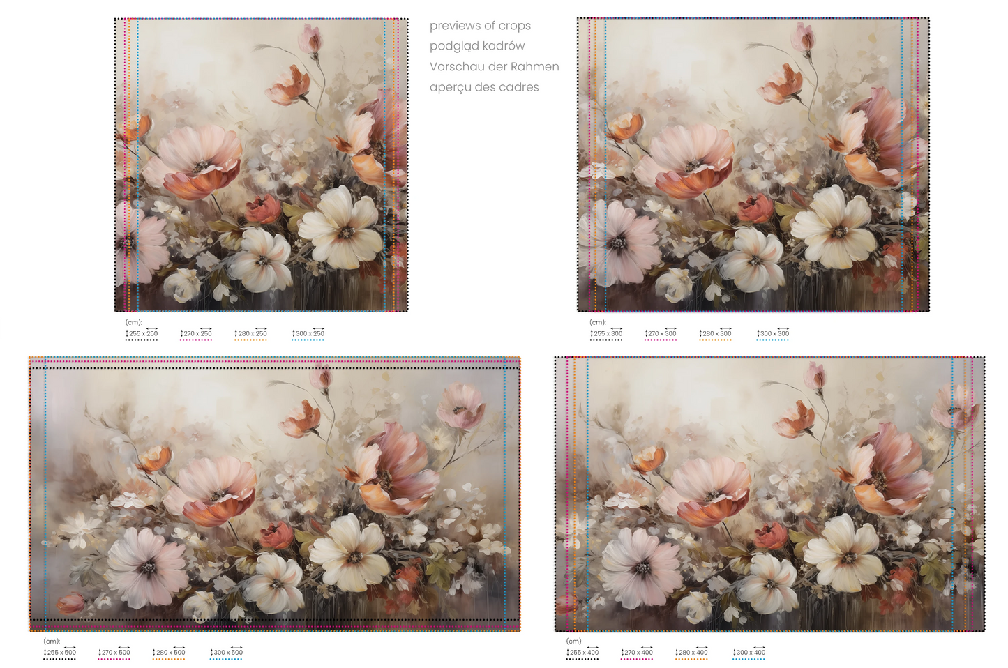 Na obrazie znajduje się prezentacja przykładowych rozmiarów fototapety o nazwie Soft Floral Symphony. Rozmiar fototapety jest dowolny.