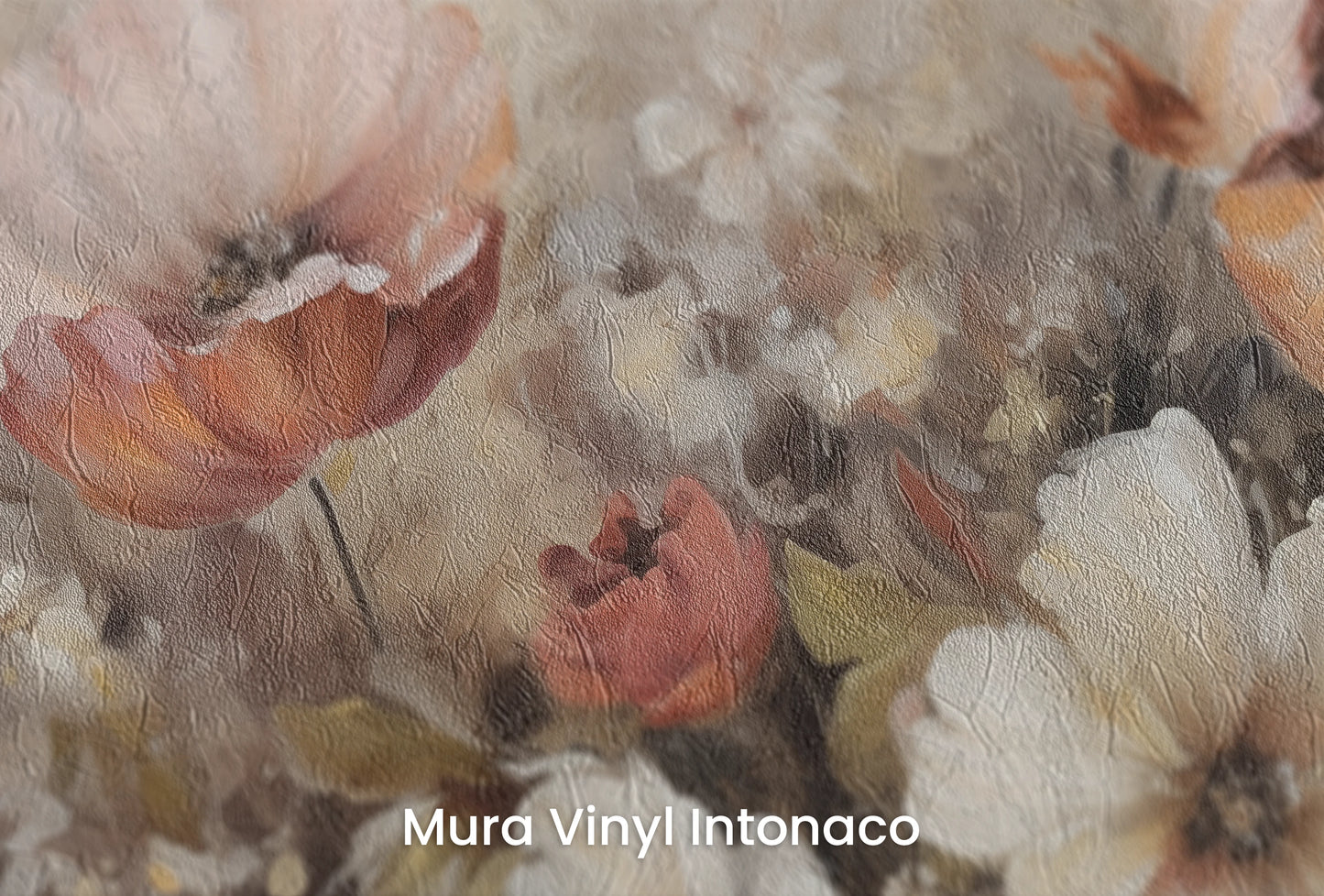 Zbliżenie na artystyczną fototapetę o nazwie Soft Floral Symphony na podłożu Mura Vinyl Intonaco - struktura tartego tynku.