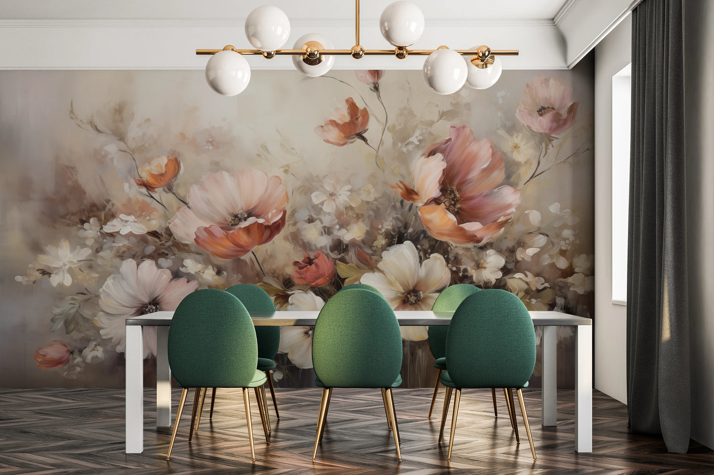 Wzór fototapety malowanej o nazwie Soft Floral Symphony pokazanej w aranżacji wnętrza.