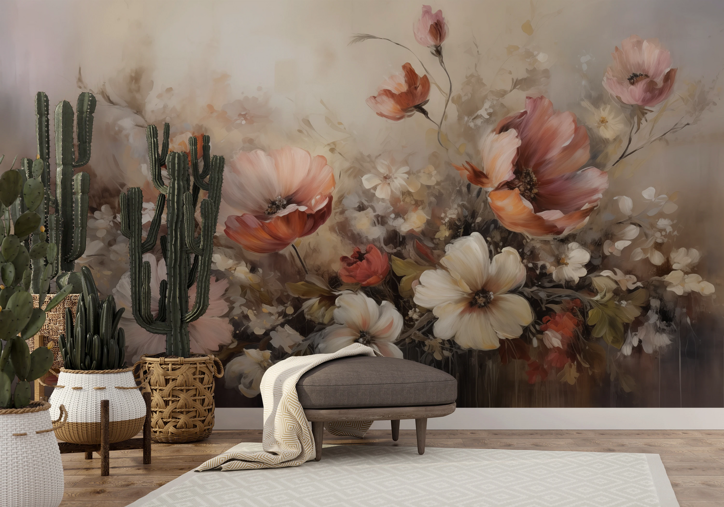 Wzór fototapety artystycznej o nazwie Soft Floral Symphony pokazanej w aranżacji wnętrza.