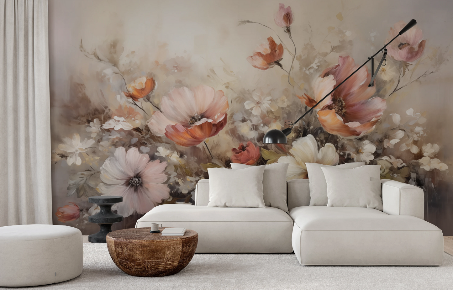 Fototapeta malowana o nazwie Soft Floral Symphony pokazana w aranżacji wnętrza.