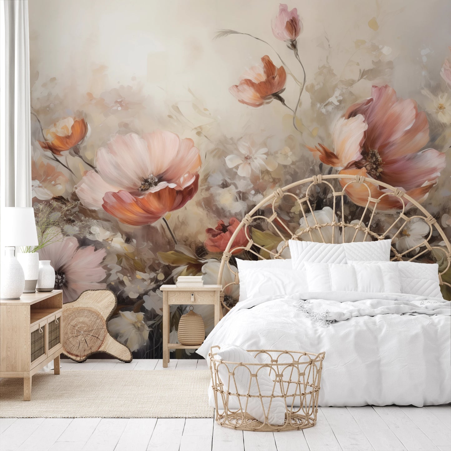 Fototapeta artystyczna o nazwie Soft Floral Symphony pokazana w aranżacji wnętrza.