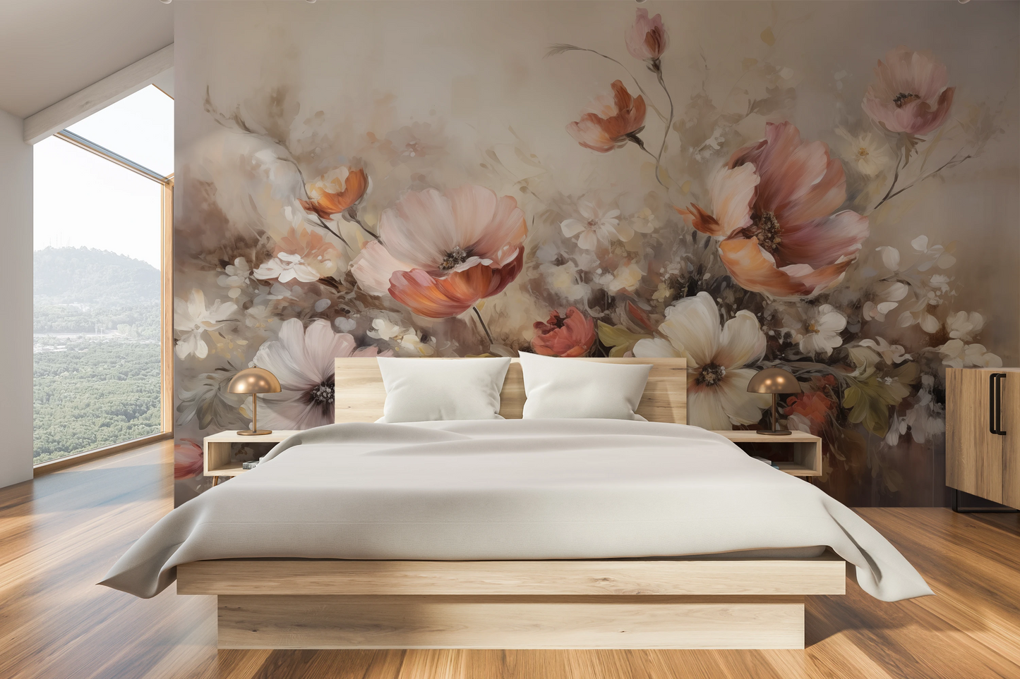 Wzór fototapety o nazwie Soft Floral Symphony pokazanej w kontekście pomieszczenia.