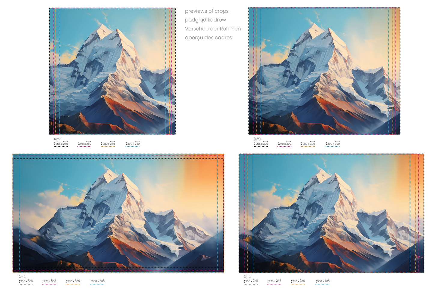 Na obrazie znajduje się prezentacja przykładowych rozmiarów fototapety o nazwie Sunset Peaks. Rozmiar fototapety jest dowolny.