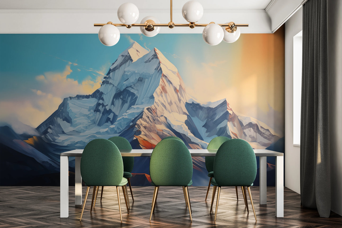 Wzór fototapety artystycznej o nazwie Sunset Peaks pokazanej w aranżacji wnętrza.