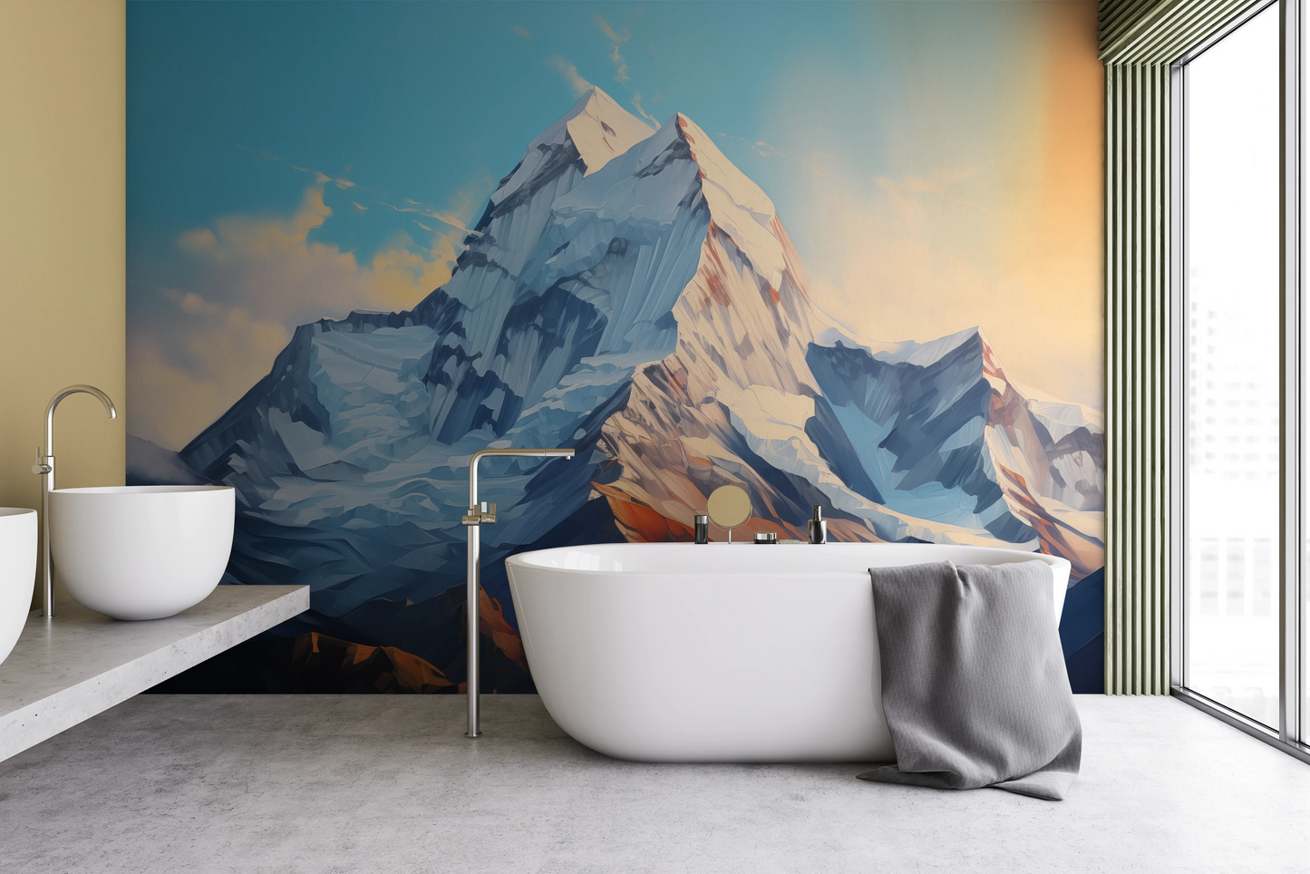 Wzór fototapety o nazwie Sunset Peaks pokazanej w kontekście pomieszczenia.