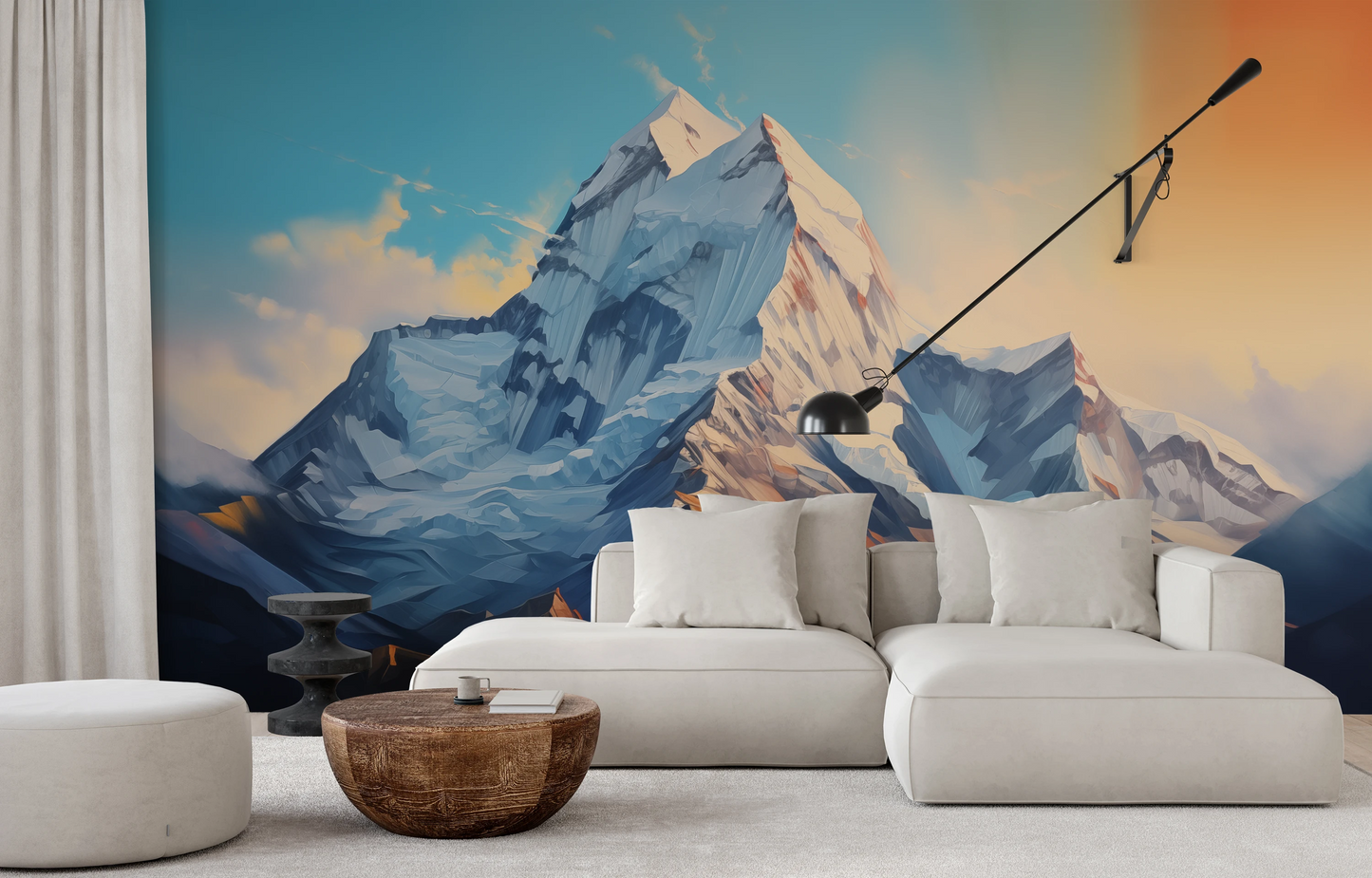 Wzór fototapety malowanej o nazwie Sunset Peaks pokazanej w aranżacji wnętrza.