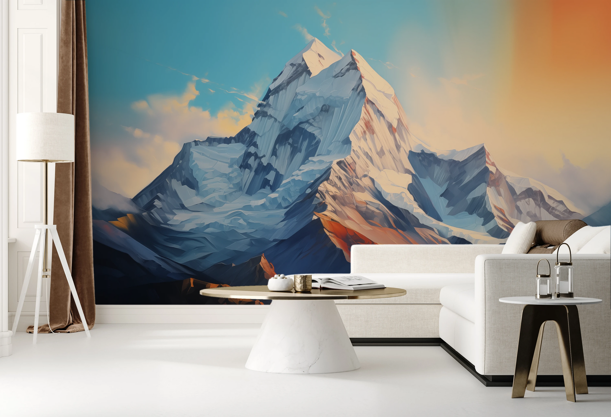 Fototapeta artystyczna o nazwie Sunset Peaks pokazana w aranżacji wnętrza.