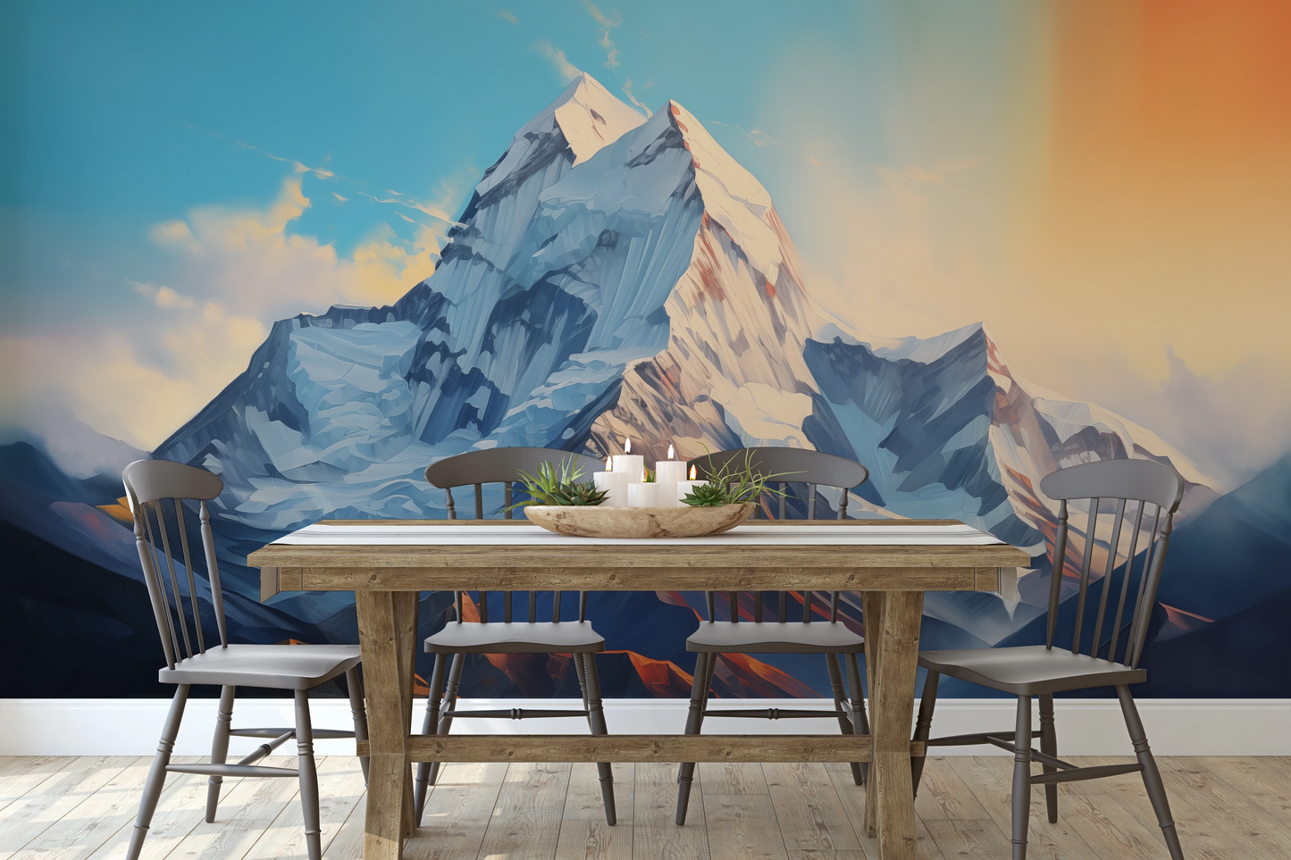 Zdjęcie prezentuje aranżację wnętrza z użyciem fototapety o nazwie Sunset Peaks pokazanej w aranżacji wnętrza.