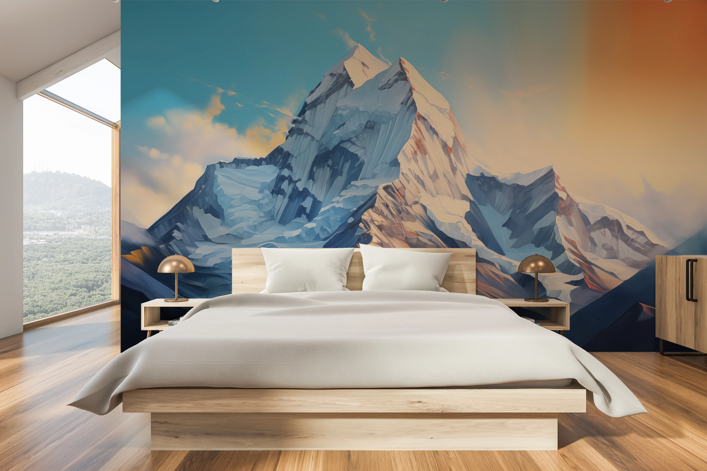 Wzór fototapety artystycznej o nazwie Sunset Peaks pokazanej w aranżacji wnętrza.