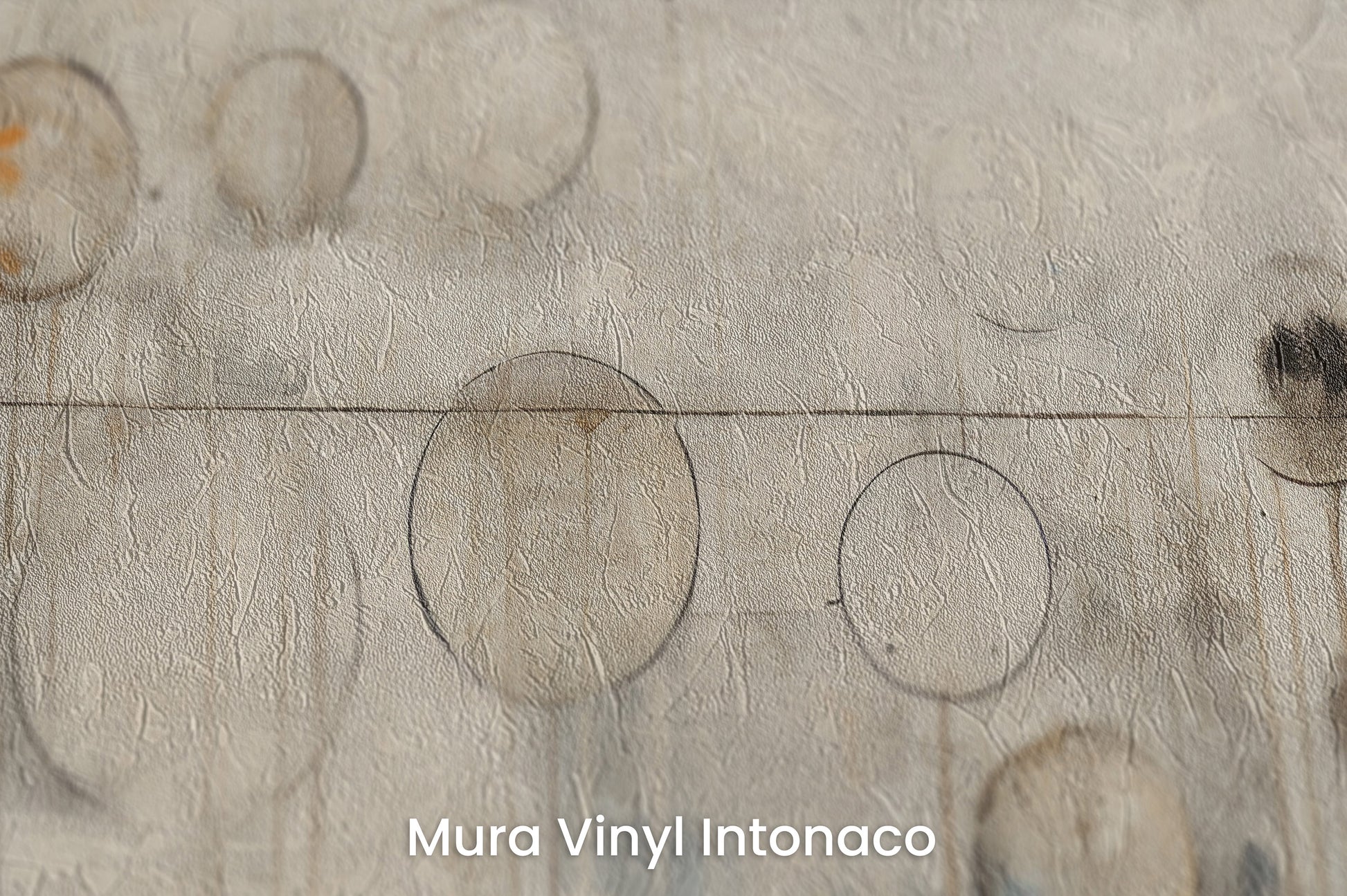 Zbliżenie na artystyczną fototapetę o nazwie CELESTIAL SPHERES ABSTRACTION na podłożu Mura Vinyl Intonaco - struktura tartego tynku.
