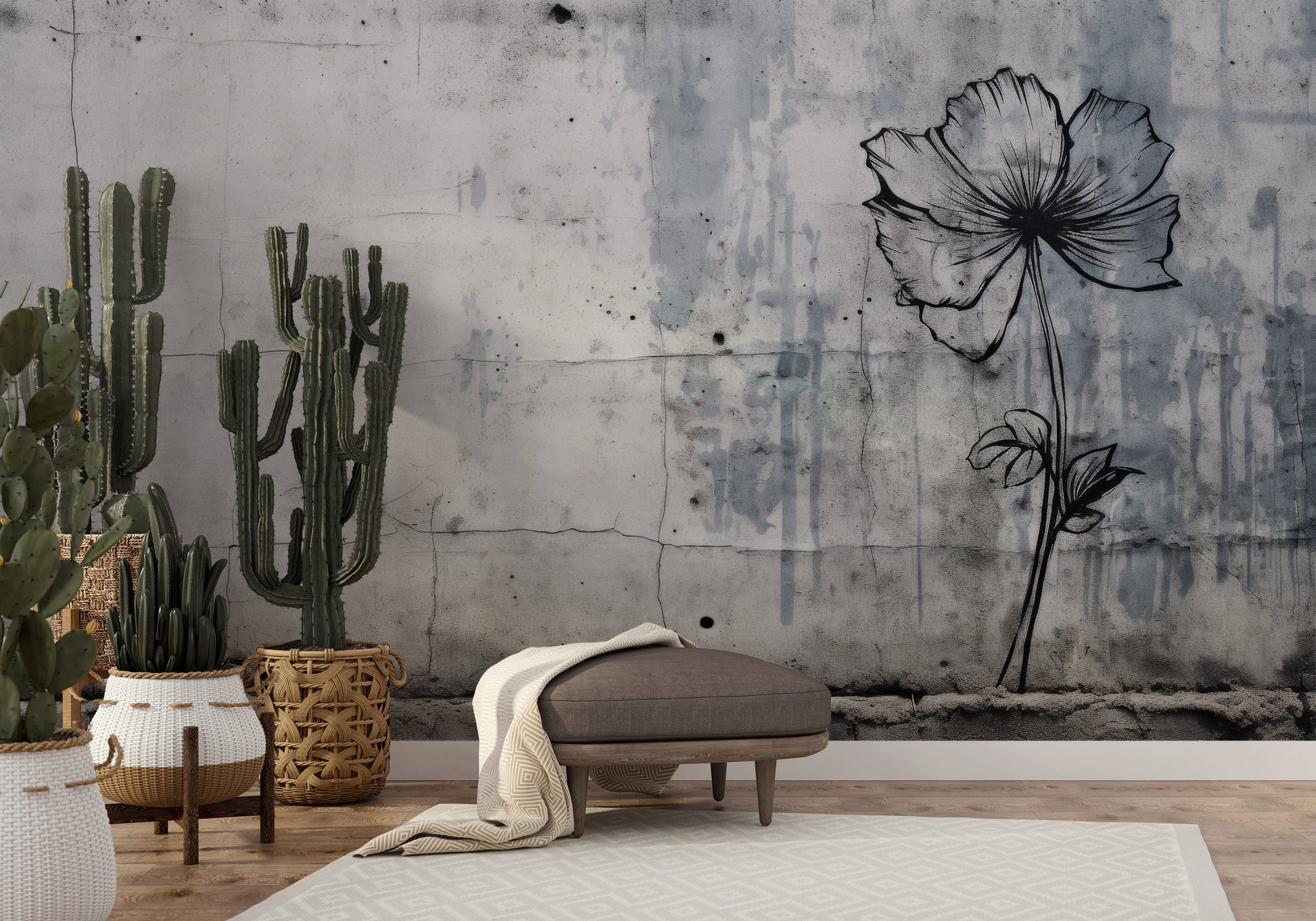 Zdjęcie prezentuje aranżację wnętrza z użyciem fototapety o nazwie URBAN BLOSSOM pokazanej w aranżacji wnętrza.