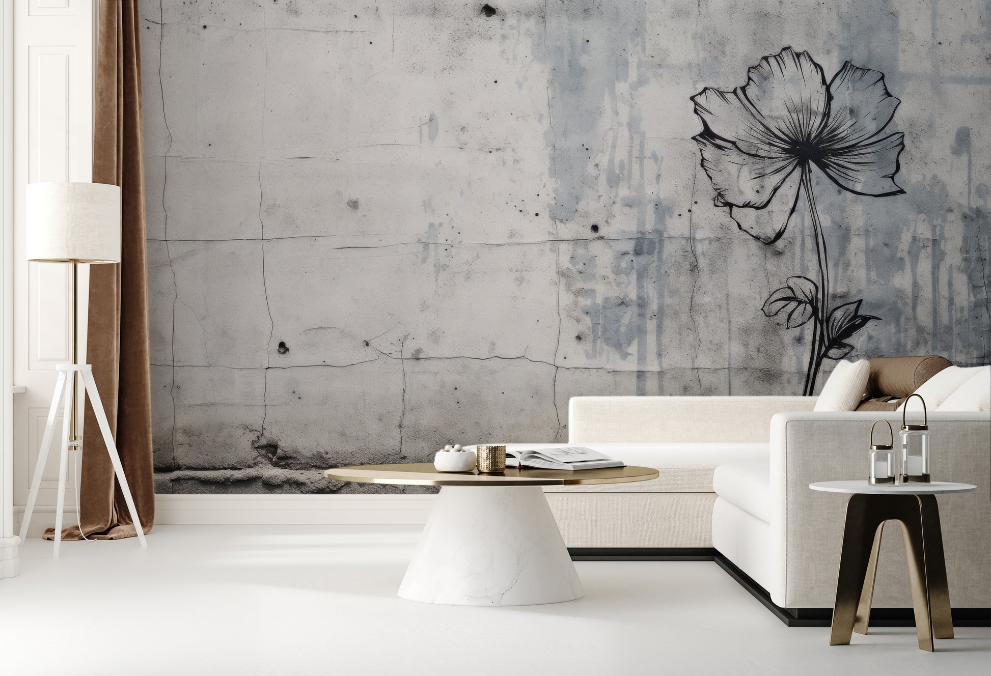 Wzór fototapety artystycznej o nazwie URBAN BLOSSOM pokazanej w aranżacji wnętrza.