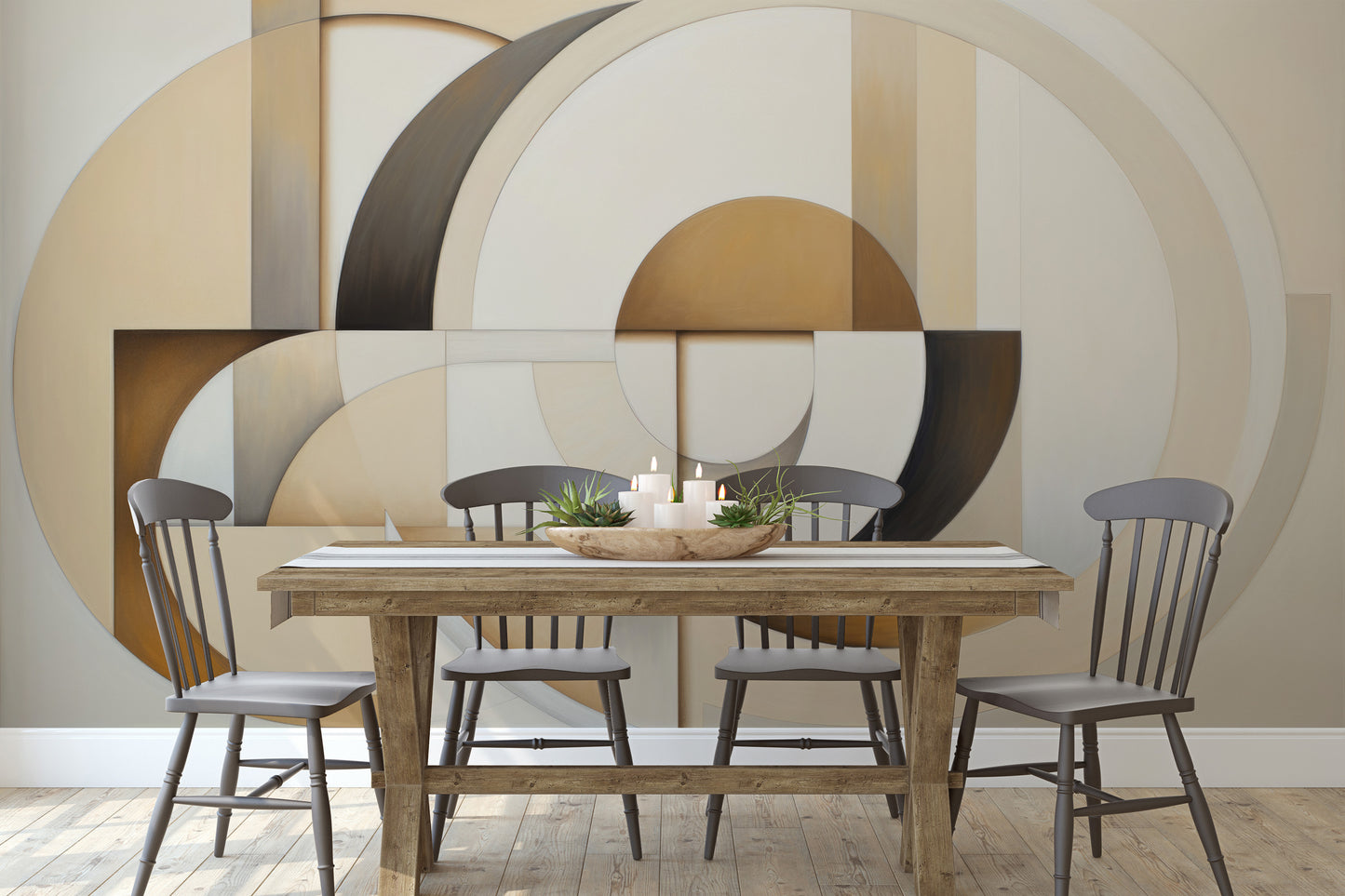 Zdjęcie prezentuje aranżację wnętrza z użyciem fototapety o nazwie MODERNIST SPHERICAL ARRAY pokazanej w aranżacji wnętrza.