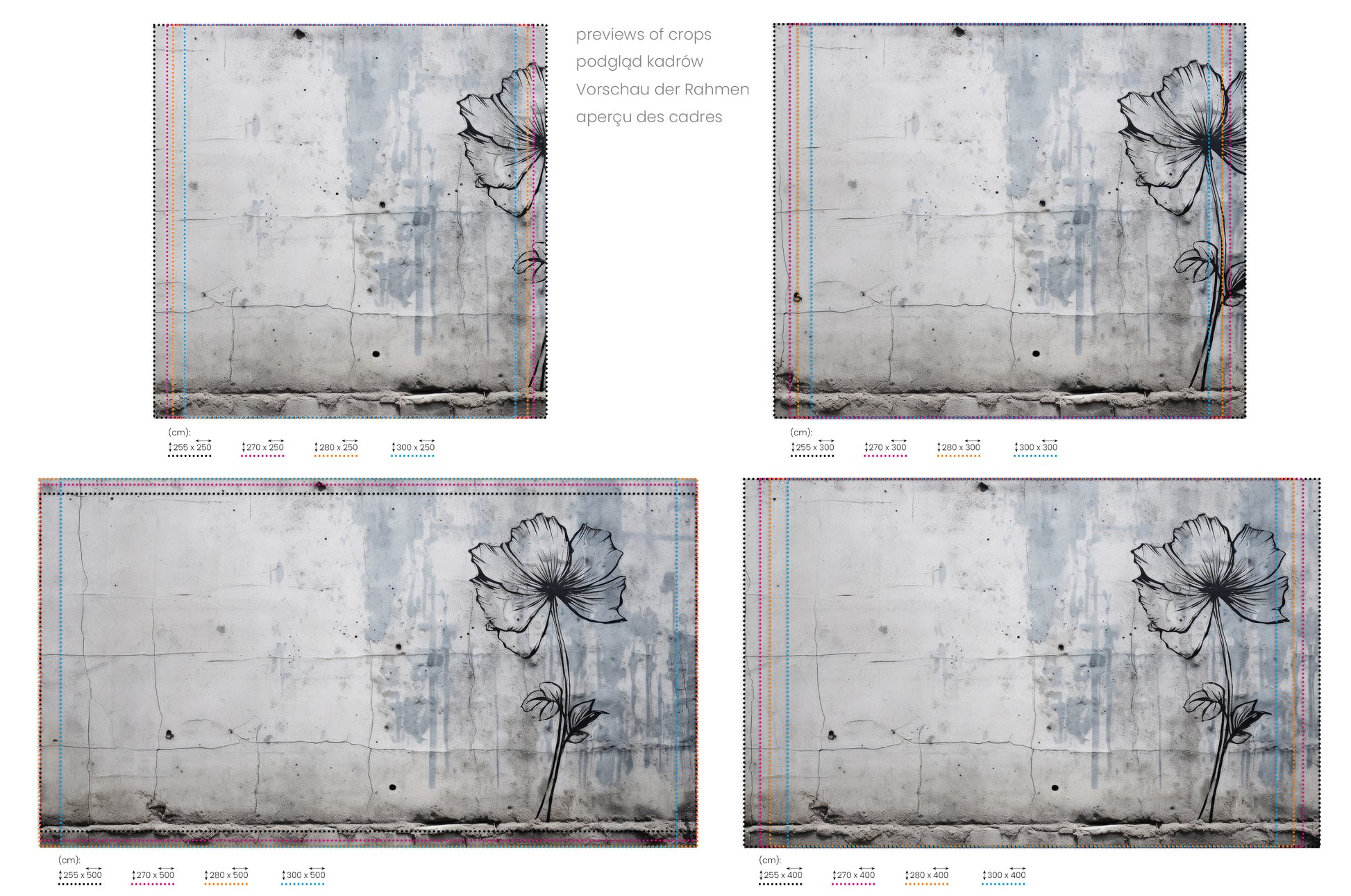 Na obrazie znajduje się prezentacja przykładowych rozmiarów fototapety o nazwie URBAN BLOSSOM. Rozmiar fototapety jest dowolny.