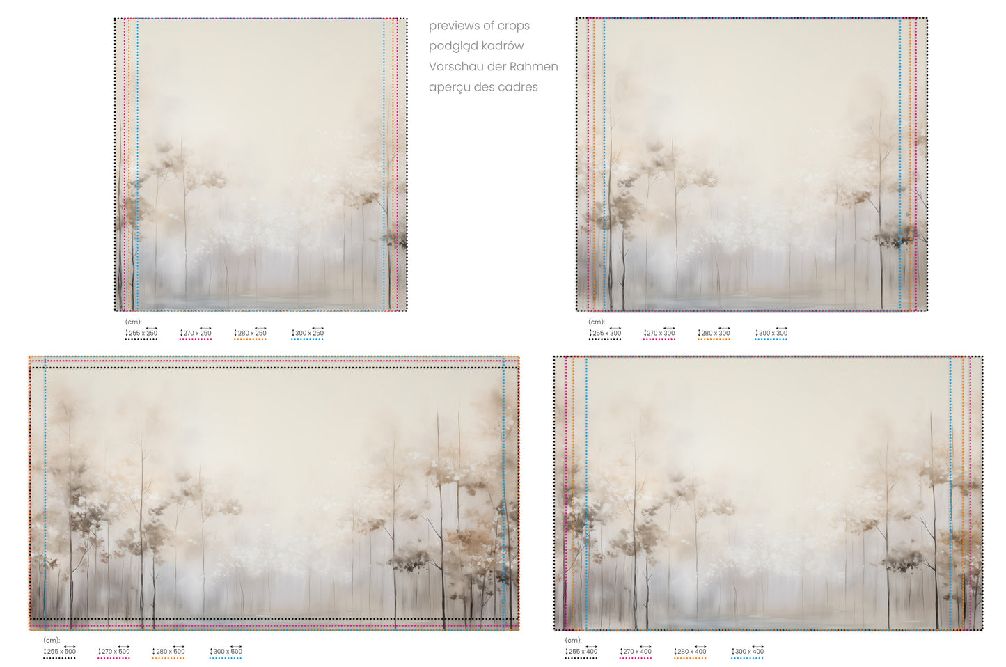 Na obrazie znajduje się prezentacja przykładowych rozmiarów fototapety o nazwie ETHEREAL GARDEN GLIMMER. Rozmiar fototapety jest dowolny.