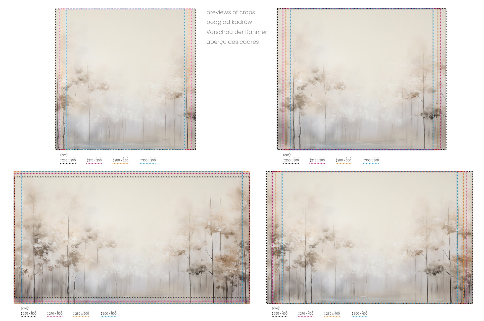 Na obrazie znajduje się prezentacja przykładowych rozmiarów fototapety o nazwie ETHEREAL GARDEN GLIMMER. Rozmiar fototapety jest dowolny.