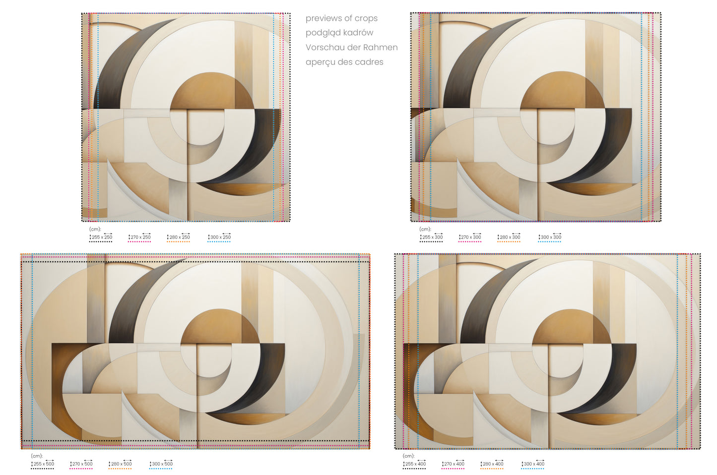 Na obrazie znajduje się prezentacja przykładowych rozmiarów fototapety o nazwie MODERNIST SPHERICAL ARRAY. Rozmiar fototapety jest dowolny.