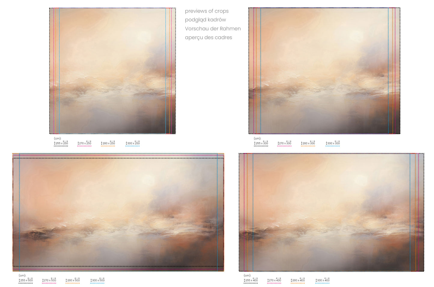 Na obrazie znajduje się prezentacja przykładowych rozmiarów fototapety o nazwie MISTY MOUNTAIN MORN. Rozmiar fototapety jest dowolny.