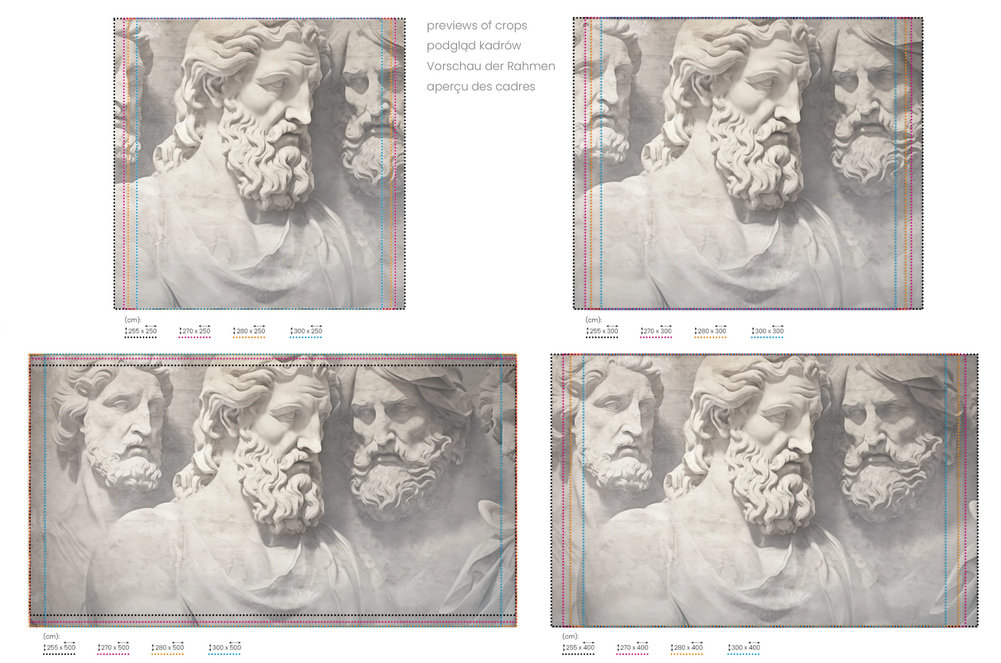 Na obrazie znajduje się prezentacja przykładowych rozmiarów fototapety o nazwie Divine Gaze. Rozmiar fototapety jest dowolny.