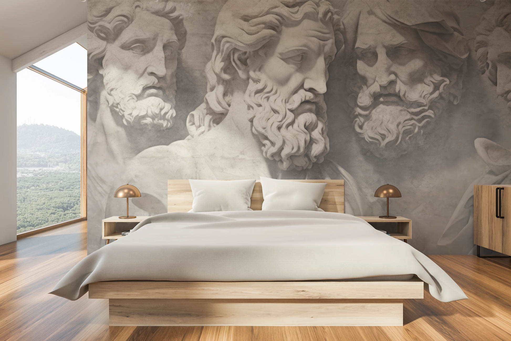 Zdjęcie prezentuje aranżację wnętrza z użyciem fototapety o nazwie Divine Gaze pokazanej w aranżacji wnętrza.