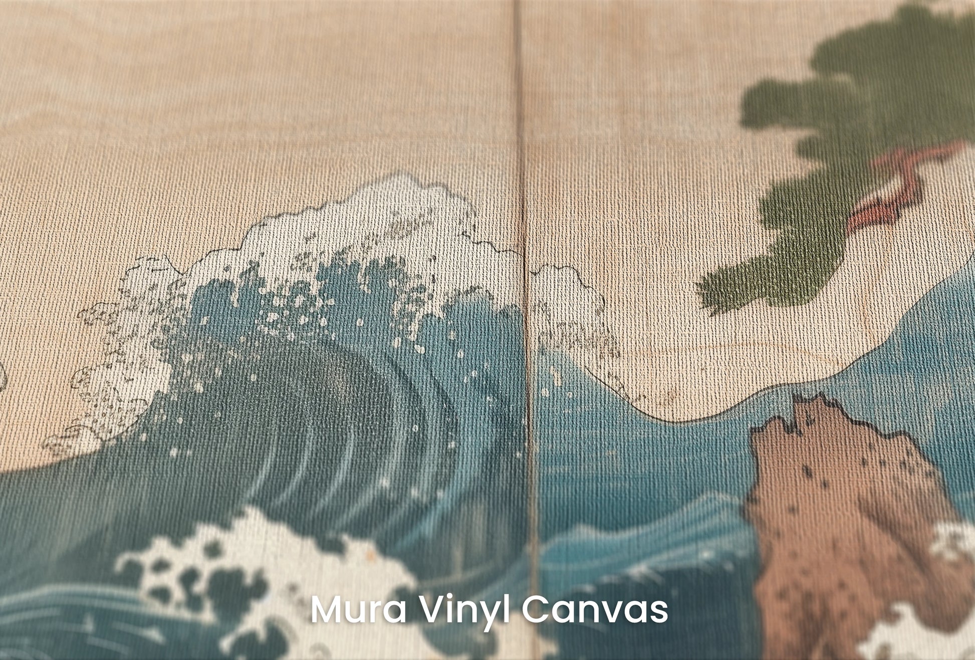 Zbliżenie na artystyczną fototapetę o nazwie Serene Shore na podłożu Mura Vinyl Canvas - faktura naturalnego płótna.