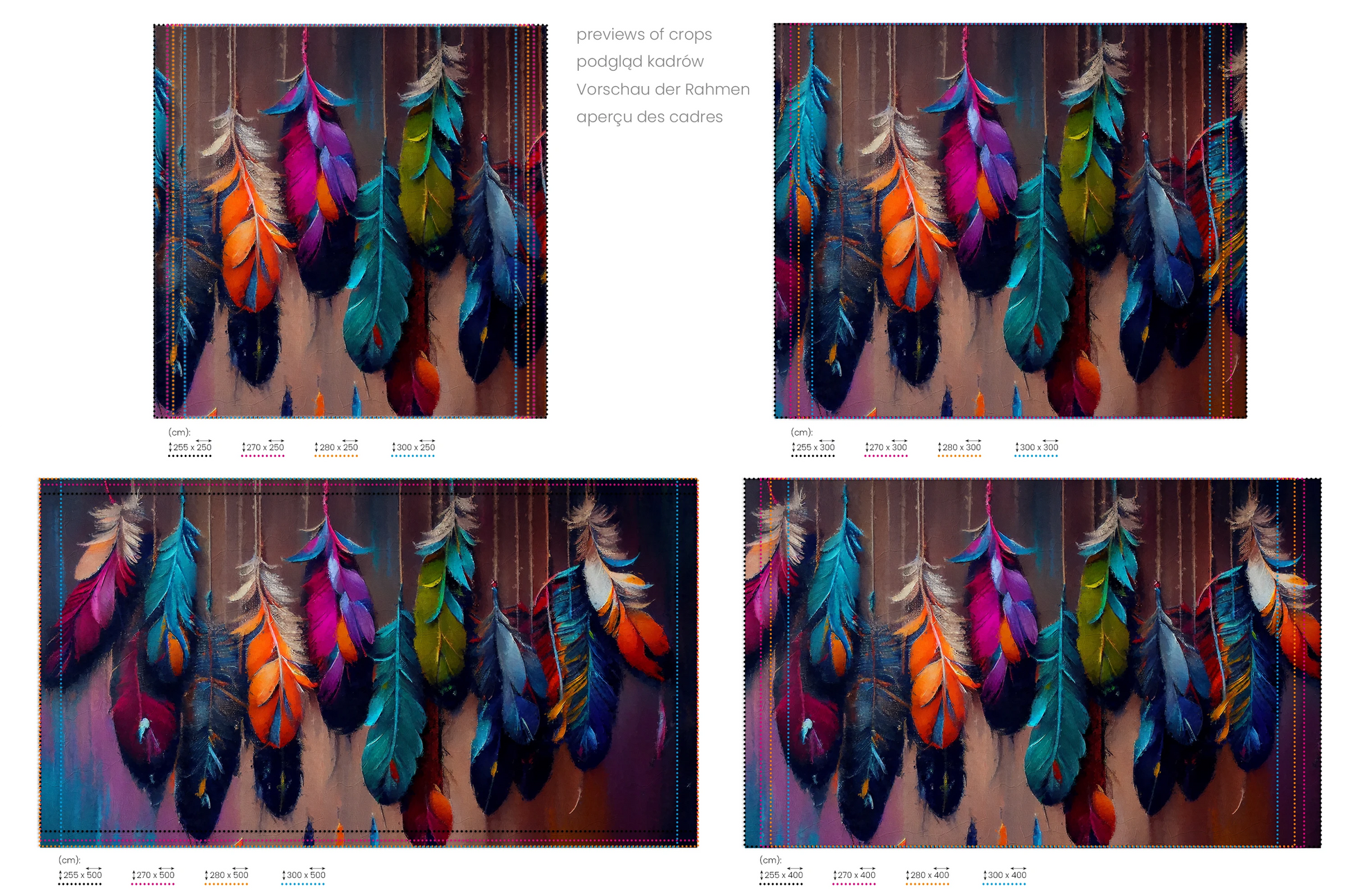 Na obrazie znajduje się prezentacja przykładowych rozmiarów fototapety o nazwie Mystic Feathers. Rozmiar fototapety jest dowolny.