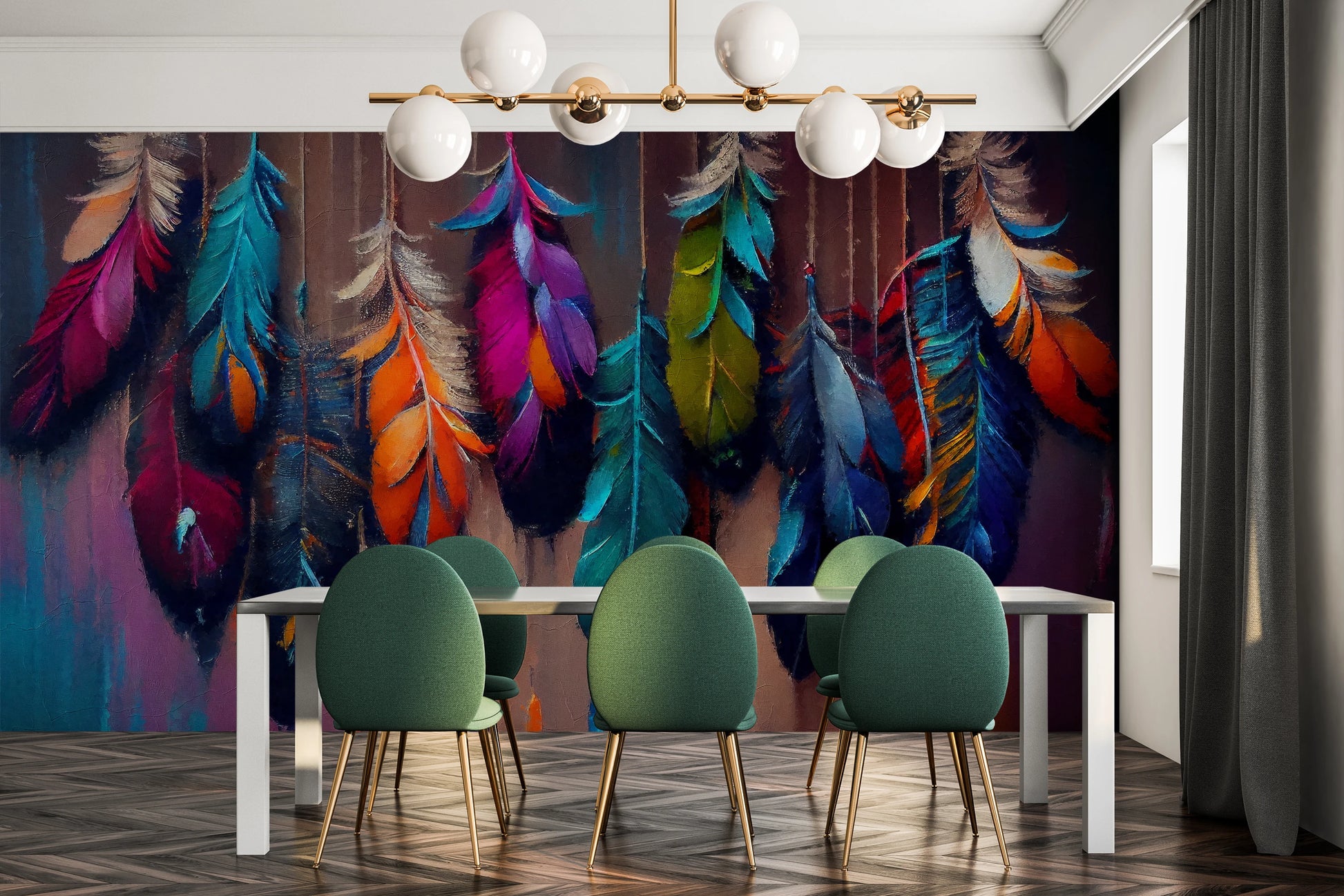 Fototapeta artystyczna o nazwie Mystic Feathers pokazana w aranżacji wnętrza.