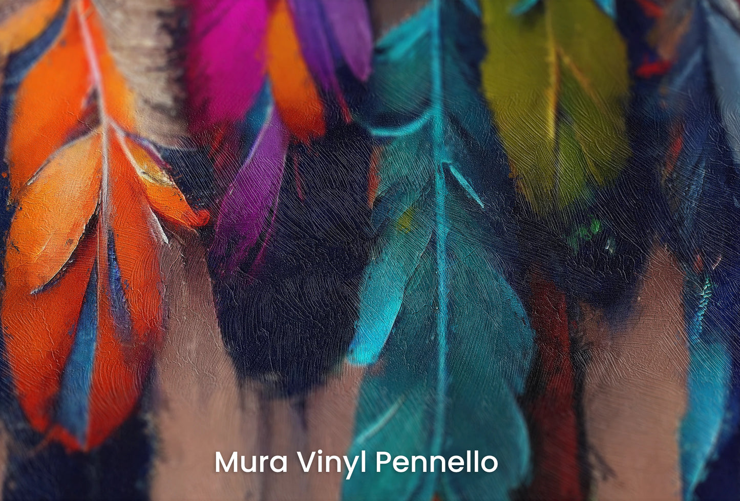 Zbliżenie na artystyczną fototapetę o nazwie Mystic Feathers na podłożu Mura Vinyl Pennello - faktura pociągnięć pędzla malarskiego.