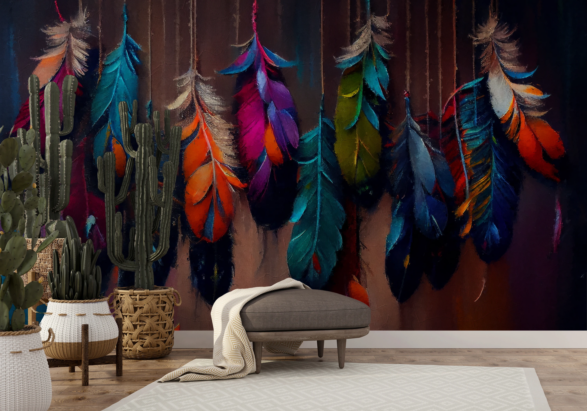 Wzór fototapety o nazwie Mystic Feathers pokazanej w kontekście pomieszczenia.