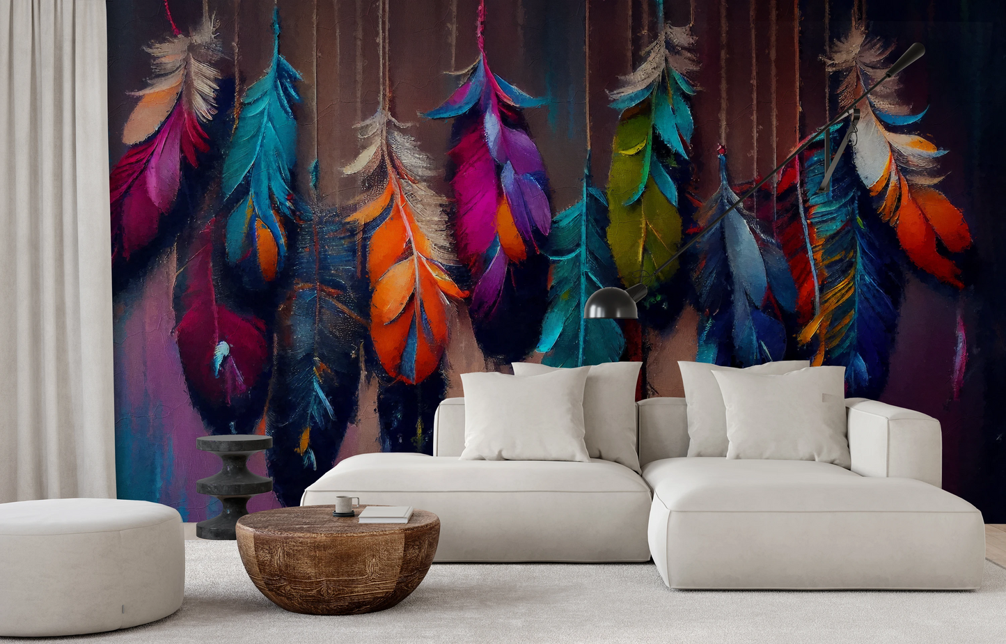 Wzór fototapety artystycznej o nazwie Mystic Feathers pokazanej w aranżacji wnętrza.