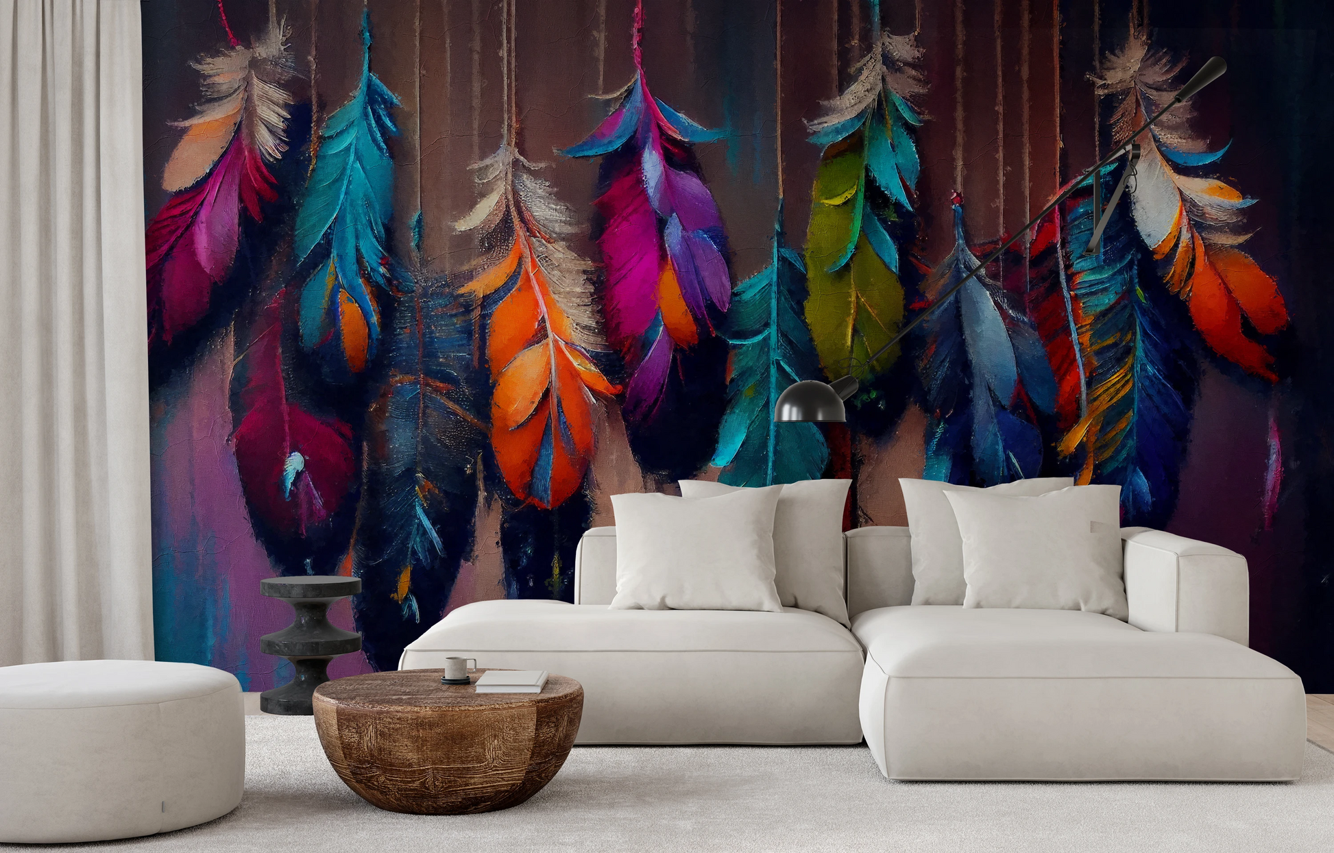 Wzór fototapety artystycznej o nazwie Mystic Feathers pokazanej w aranżacji wnętrza.