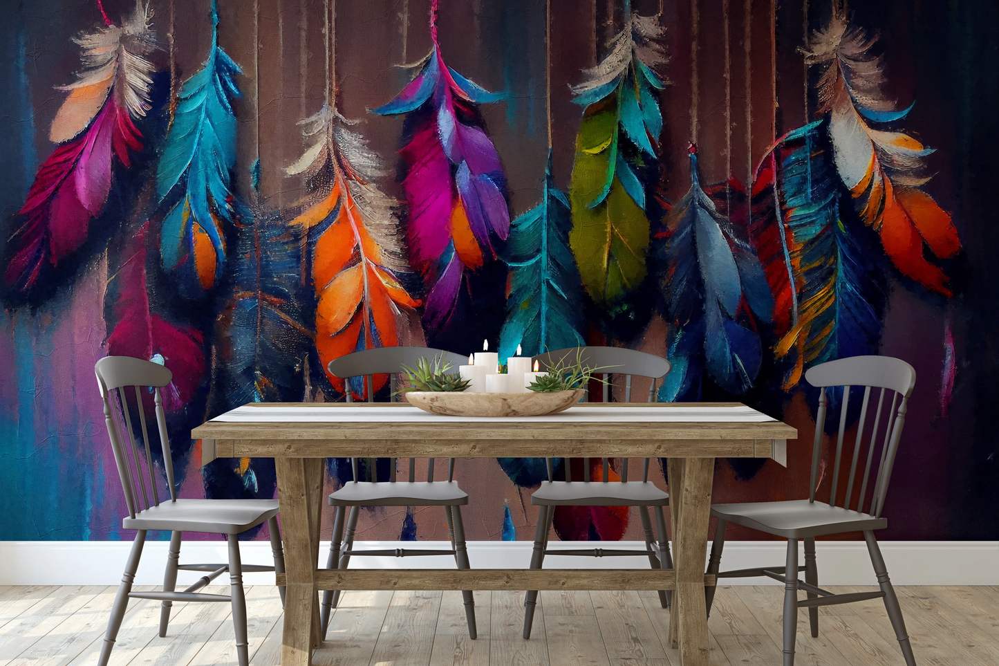 Fototapeta malowana o nazwie Mystic Feathers pokazana w aranżacji wnętrza.