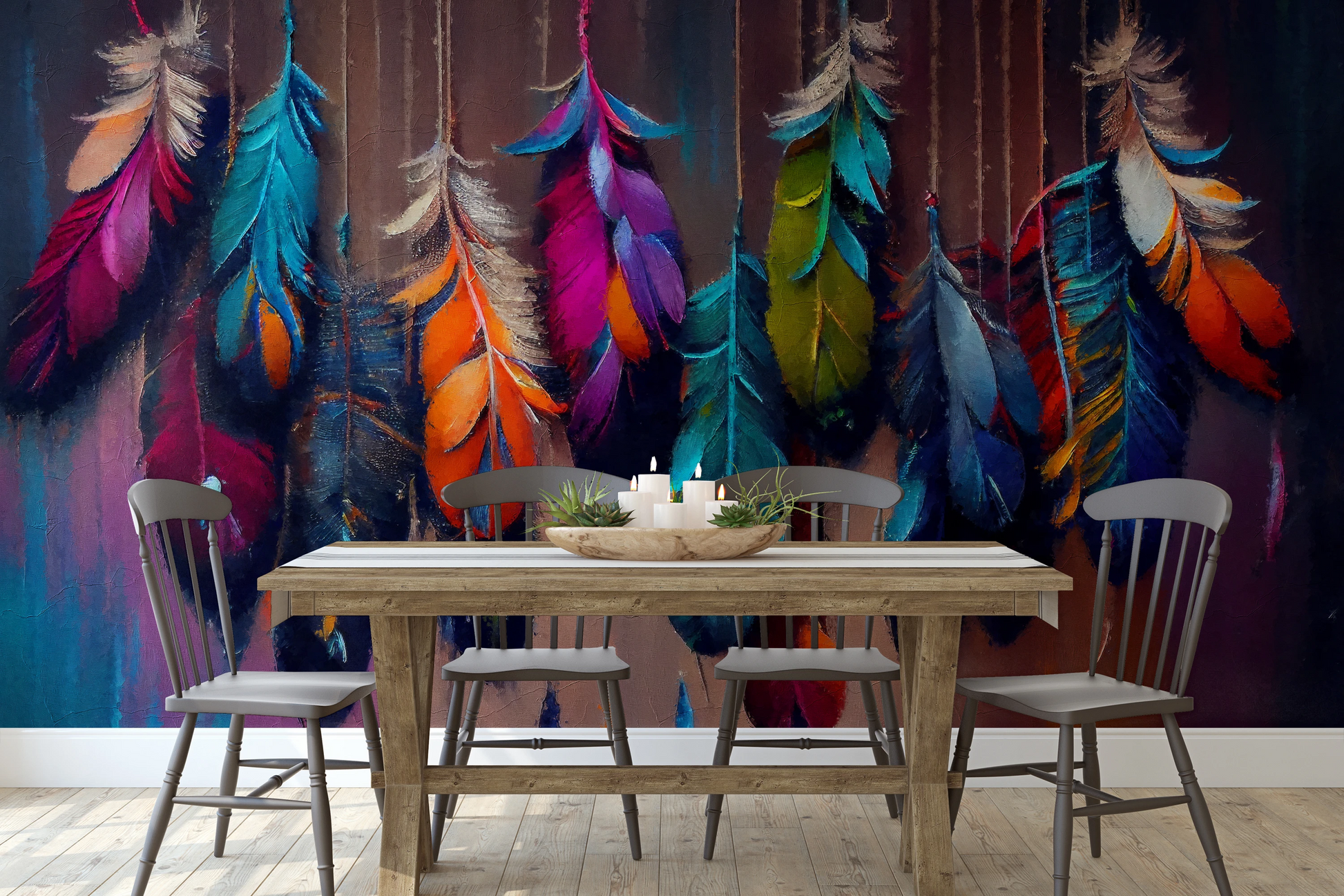 Fototapeta malowana o nazwie Mystic Feathers pokazana w aranżacji wnętrza.