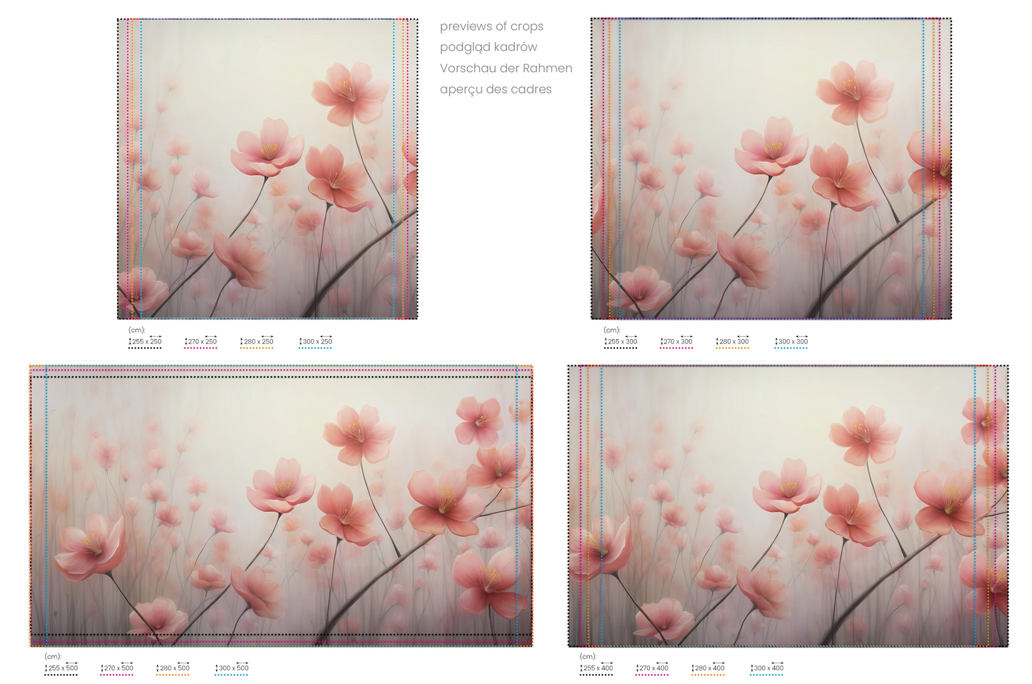 Na obrazie znajduje się prezentacja przykładowych rozmiarów fototapety o nazwie Blossom Haze #2. Rozmiar fototapety jest dowolny.