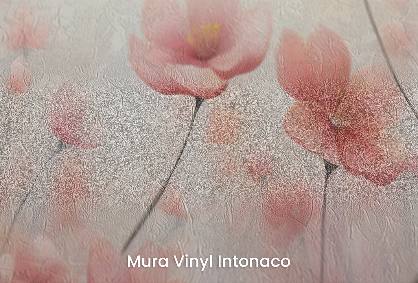 Zbliżenie na artystyczną fototapetę o nazwie Blossom Haze #2 na podłożu Mura Vinyl Intonaco - struktura tartego tynku.