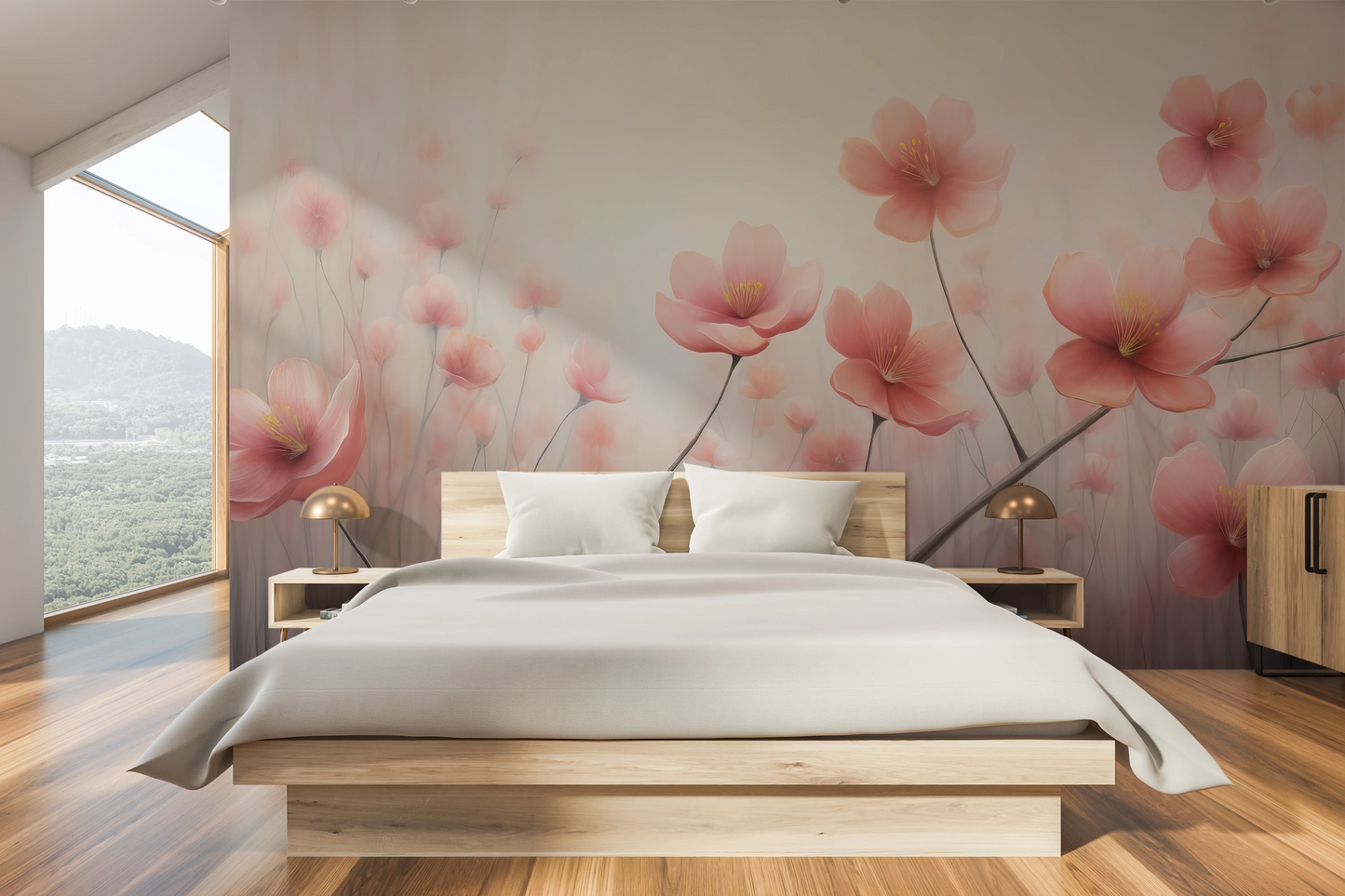 Wzór fototapety artystycznej o nazwie Blossom Haze #2 pokazanej w aranżacji wnętrza.
