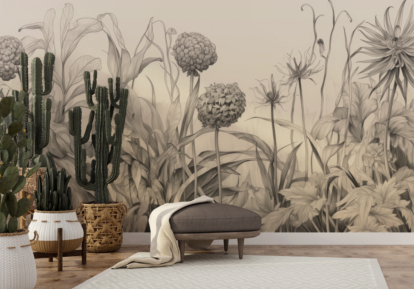 Wzór fototapety malowanej o nazwie Garden Sketches pokazanej w aranżacji wnętrza.
