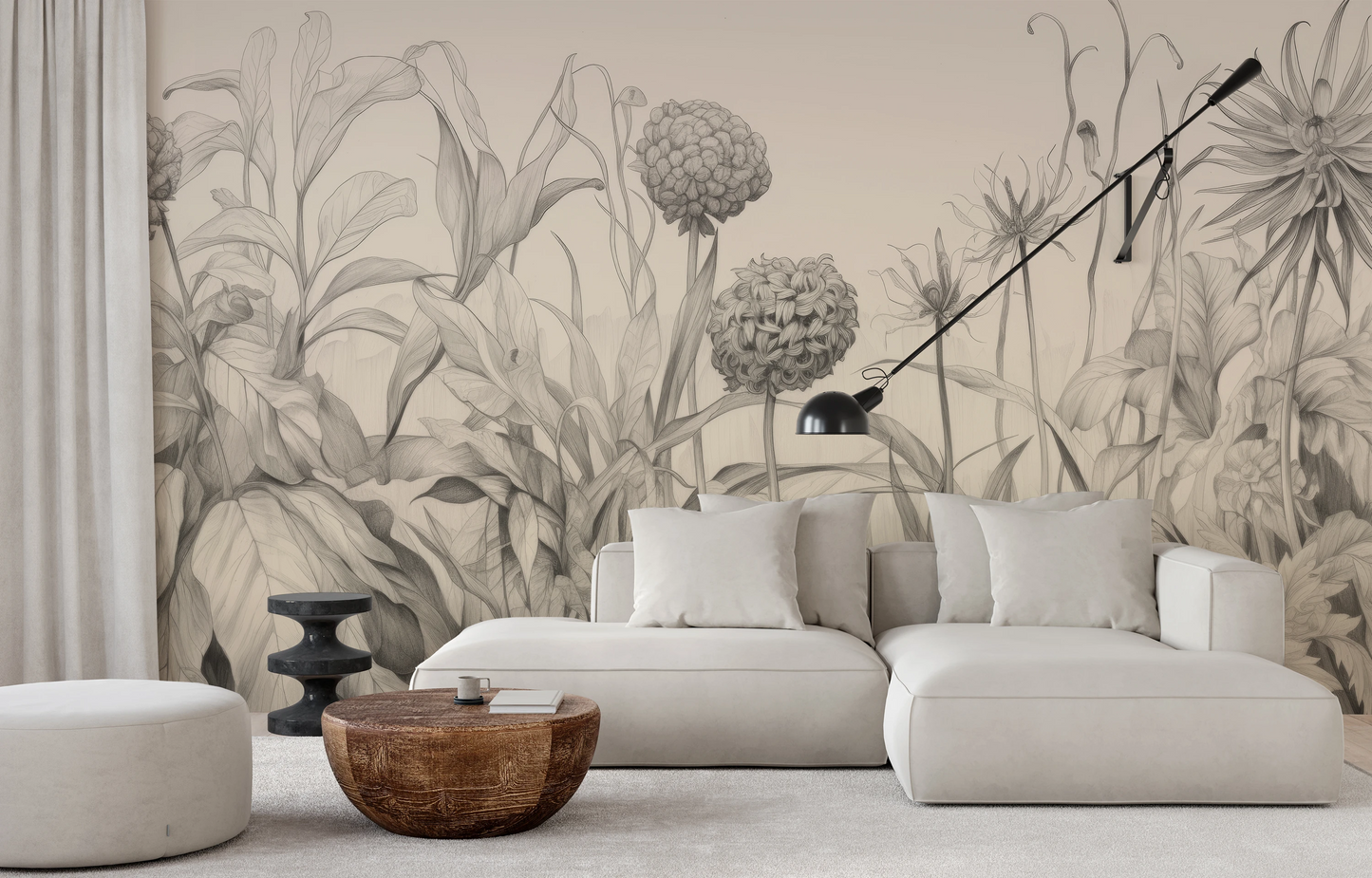 Zdjęcie prezentuje aranżację wnętrza z użyciem fototapety o nazwie Garden Sketches pokazanej w aranżacji wnętrza.