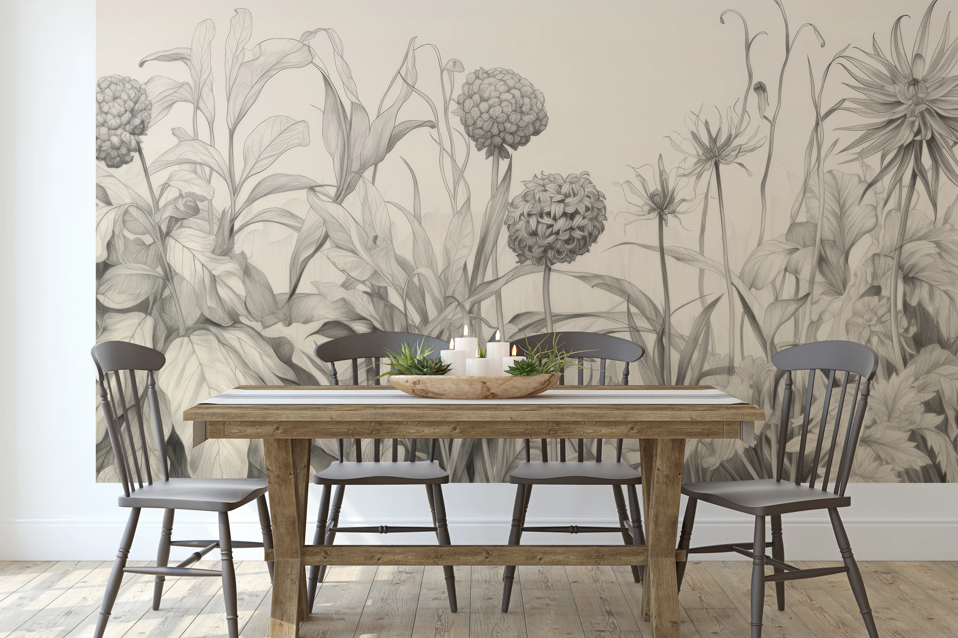 Wzór fototapety o nazwie Garden Sketches pokazanej w kontekście pomieszczenia.