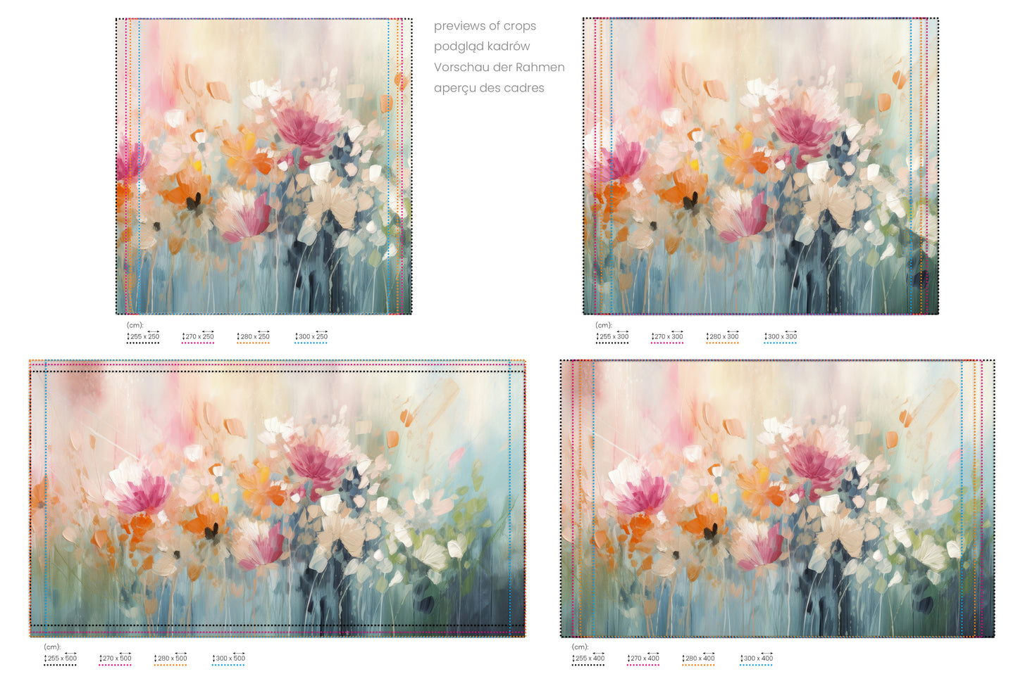 Na obrazie znajduje się prezentacja przykładowych rozmiarów fototapety o nazwie Pastel Petal Canvas. Rozmiar fototapety jest dowolny.
