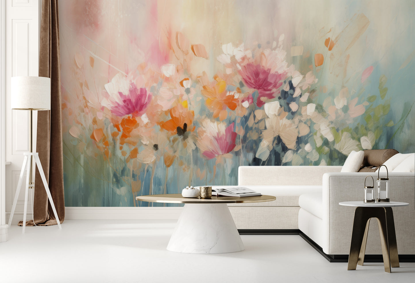 Wzór fototapety malowanej o nazwie Pastel Petal Canvas pokazanej w aranżacji wnętrza.