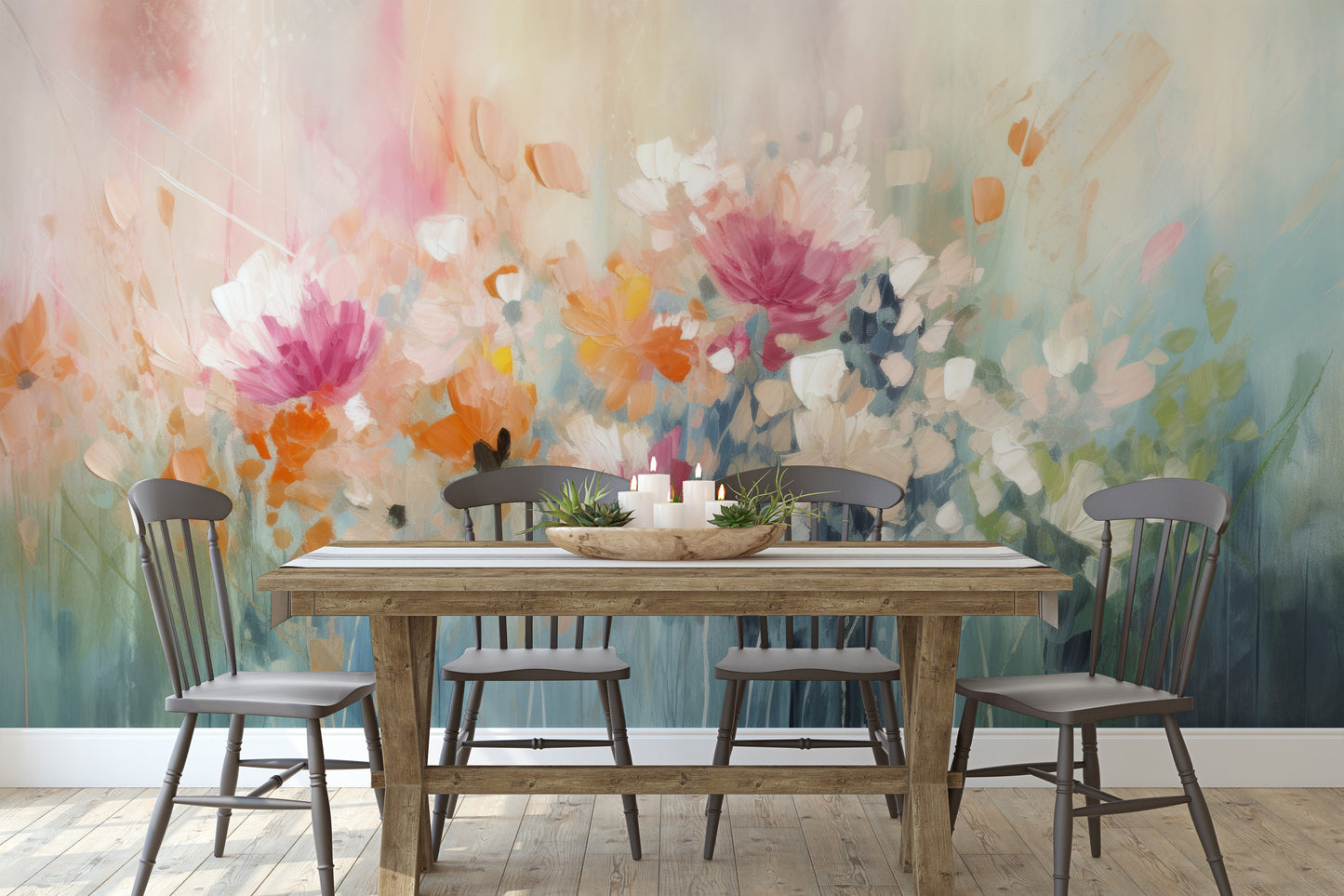 Wzór fototapety o nazwie Pastel Petal Canvas pokazanej w kontekście pomieszczenia.